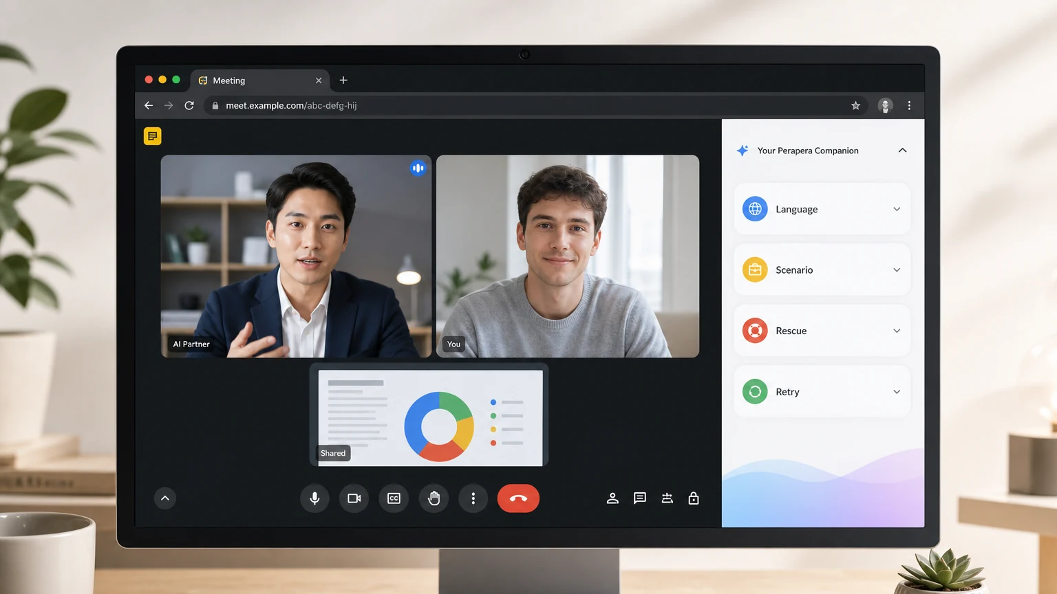 Desktop browser showing a Google Meet-style business conversation practice room with a Pello AI companion panel